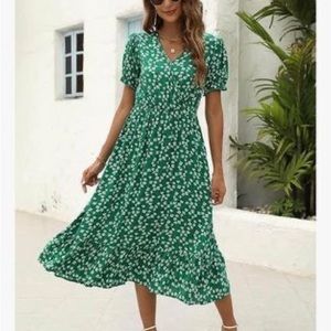 Women’s Casual Green Floral Midi Dress XL